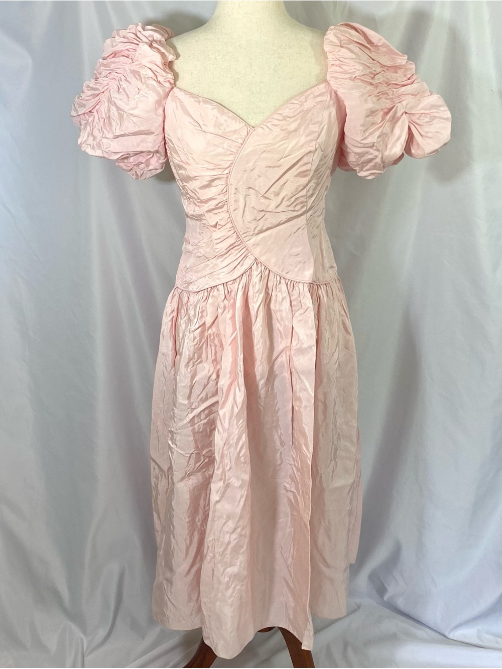 Vintage 80’s Blush Pink Puff-Sleeve Midi Prom Dress Size 9 10 Petite